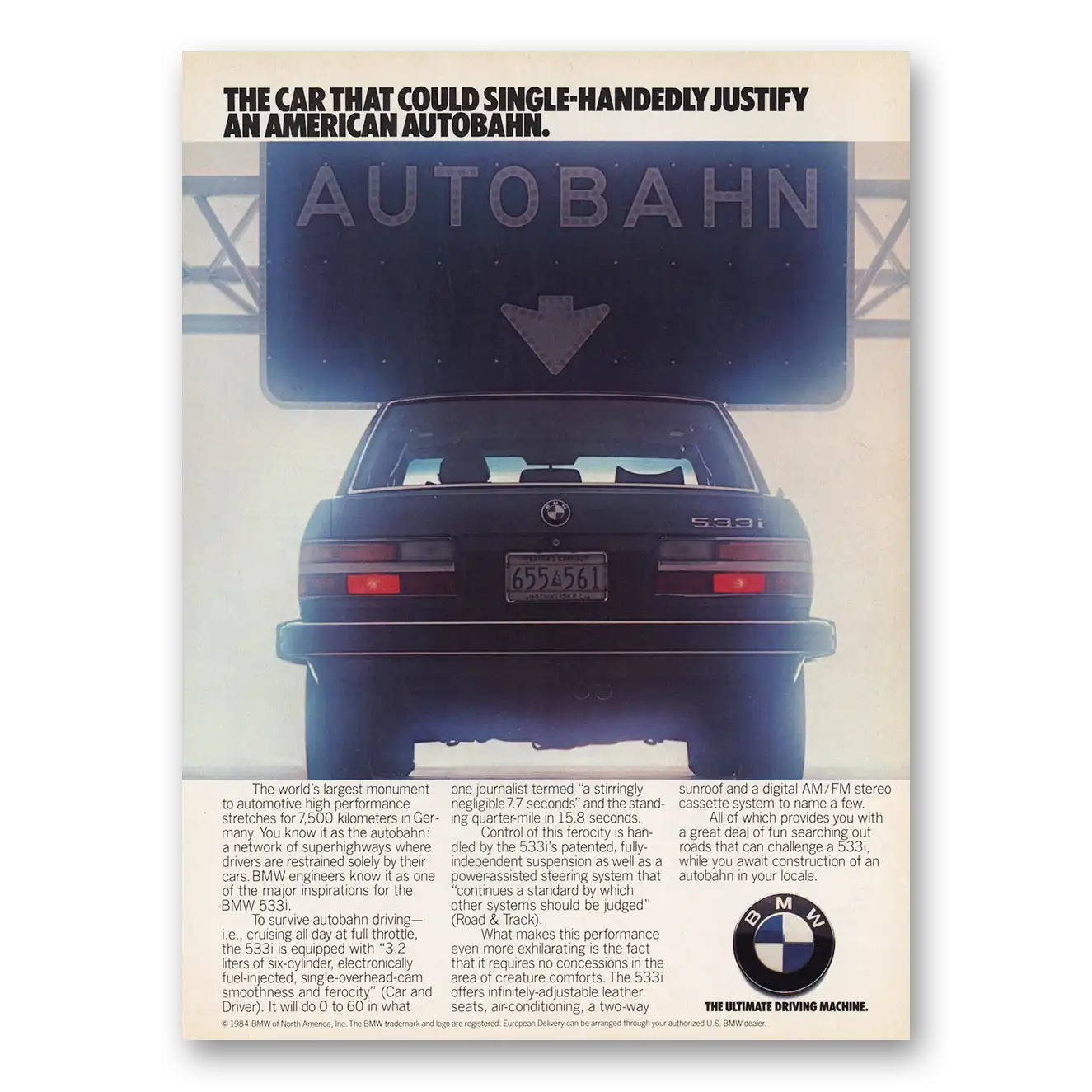 1984 BMW 5 Series American Autobahn Vintage Magazine Print Ad