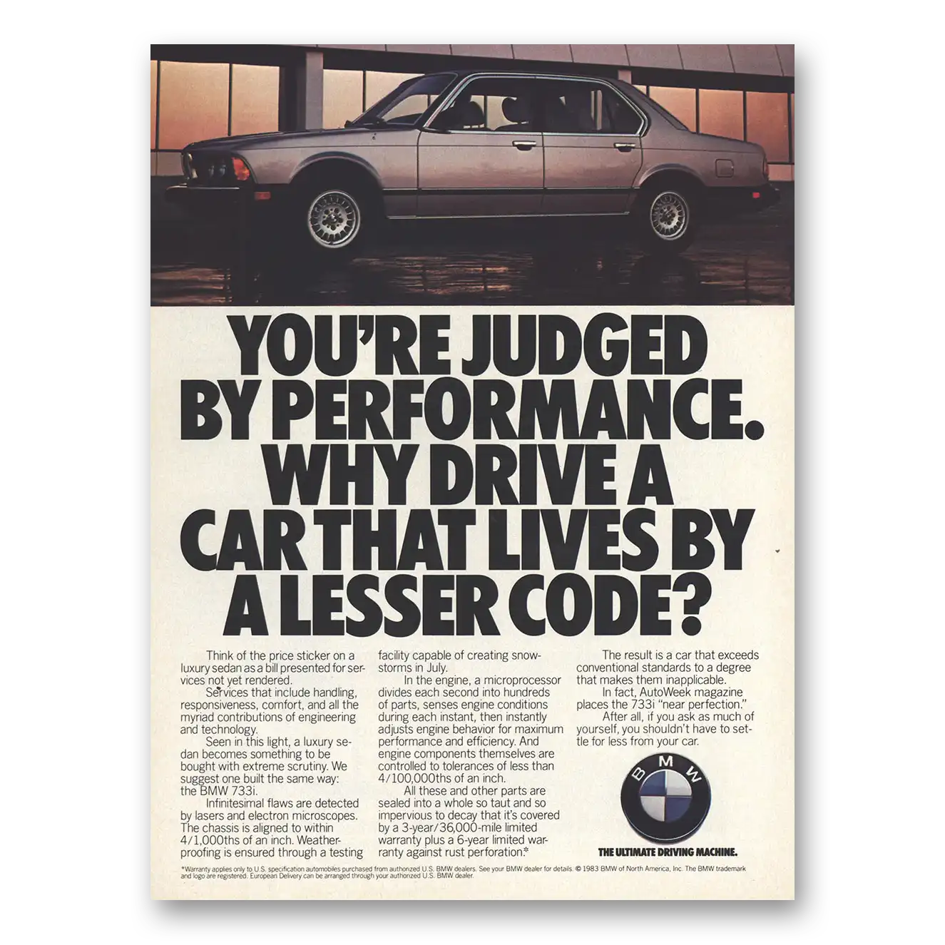 1984 BMW 7 Series Judged by Performance Vintage Magazine Print Ad