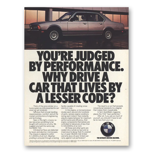 1984 BMW 7 Series Judged by Performance Vintage Magazine Print Ad