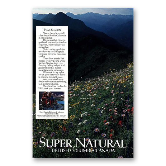 1984 British Columbia Canada Peak Season Super Natural Vintage Magazine Print Ad