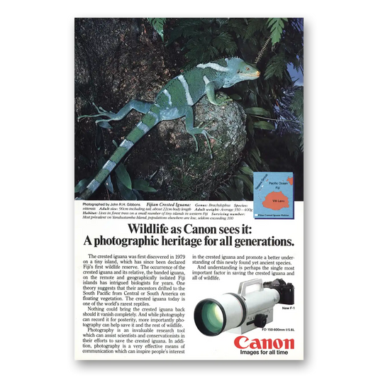 1984 Canon Camera Fijian Crested Iguana Vintage Magazine Print Ad