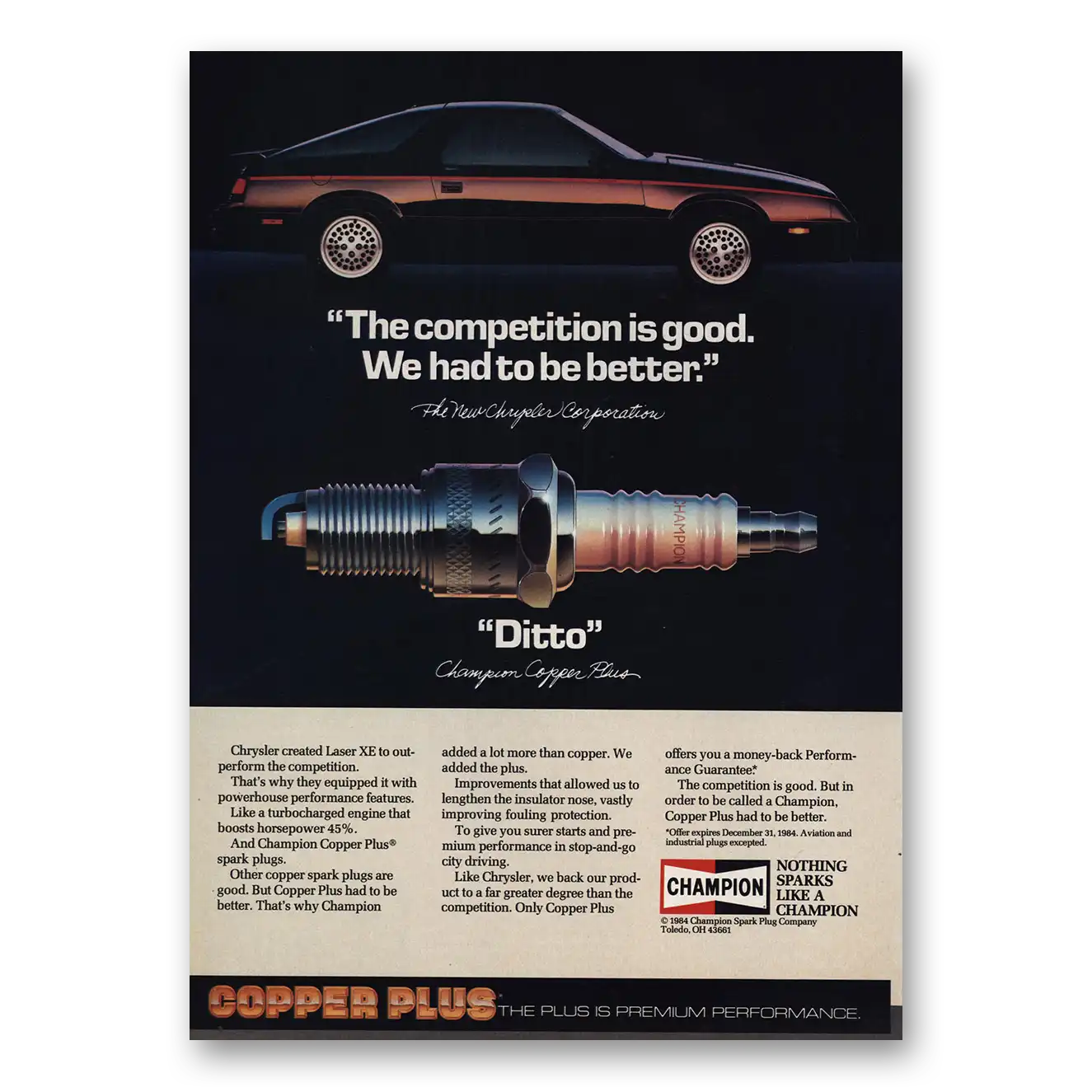 1984 Champion Spark Plugs Copper Plus Competition Is Good Vintage Magazine Print Ad