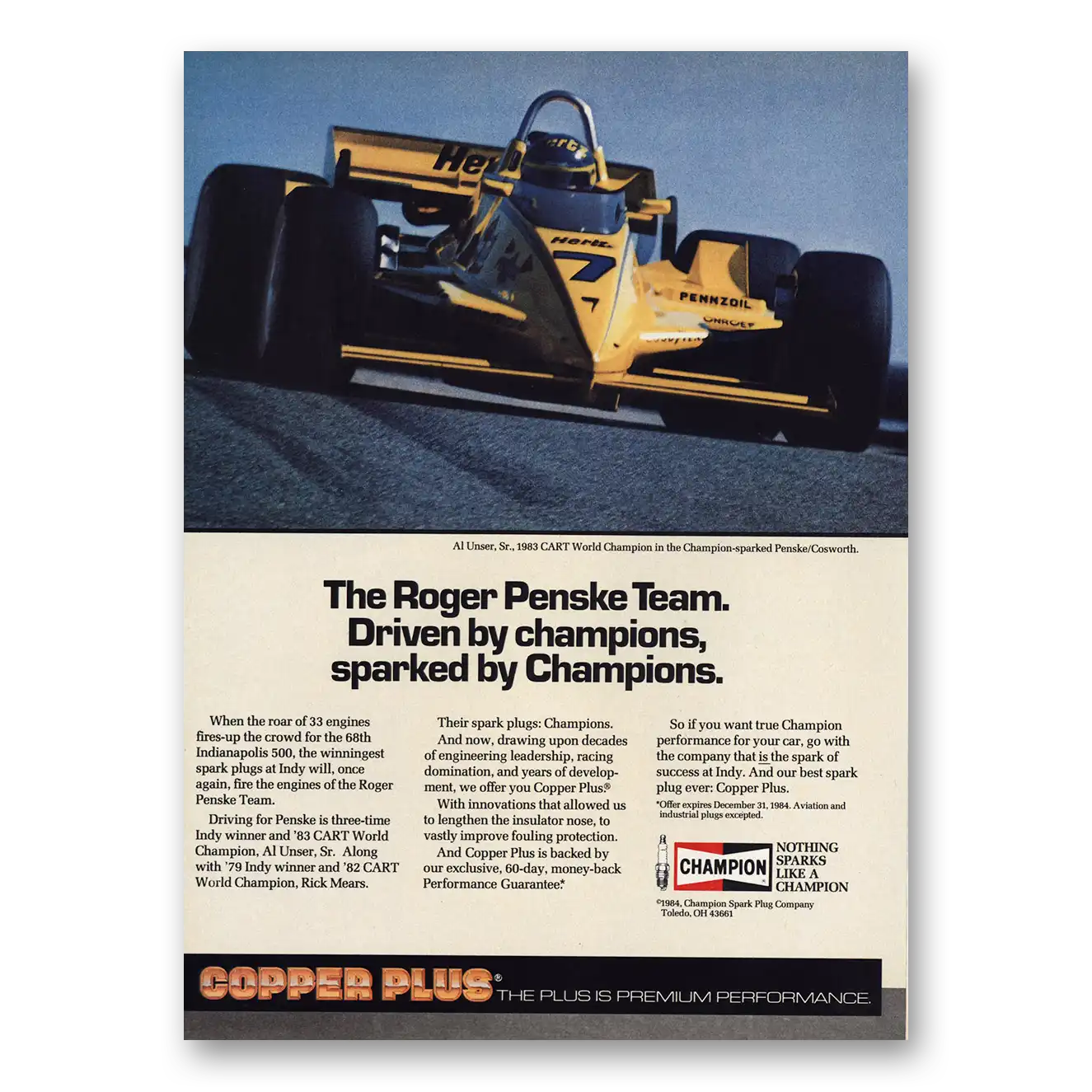 1984 Champion Spark Plugs Roger Penske Team Vintage Magazine Print Ad