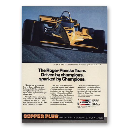 1984 Champion Spark Plugs Roger Penske Team Vintage Magazine Print Ad