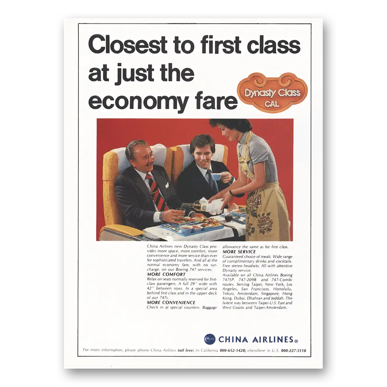 1984 China Airlines Closest to First Class Dynasty Class Vintage Magazine Print Ad