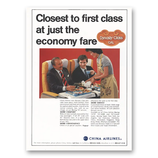 1984 China Airlines Closest to First Class Dynasty Class Vintage Magazine Print Ad