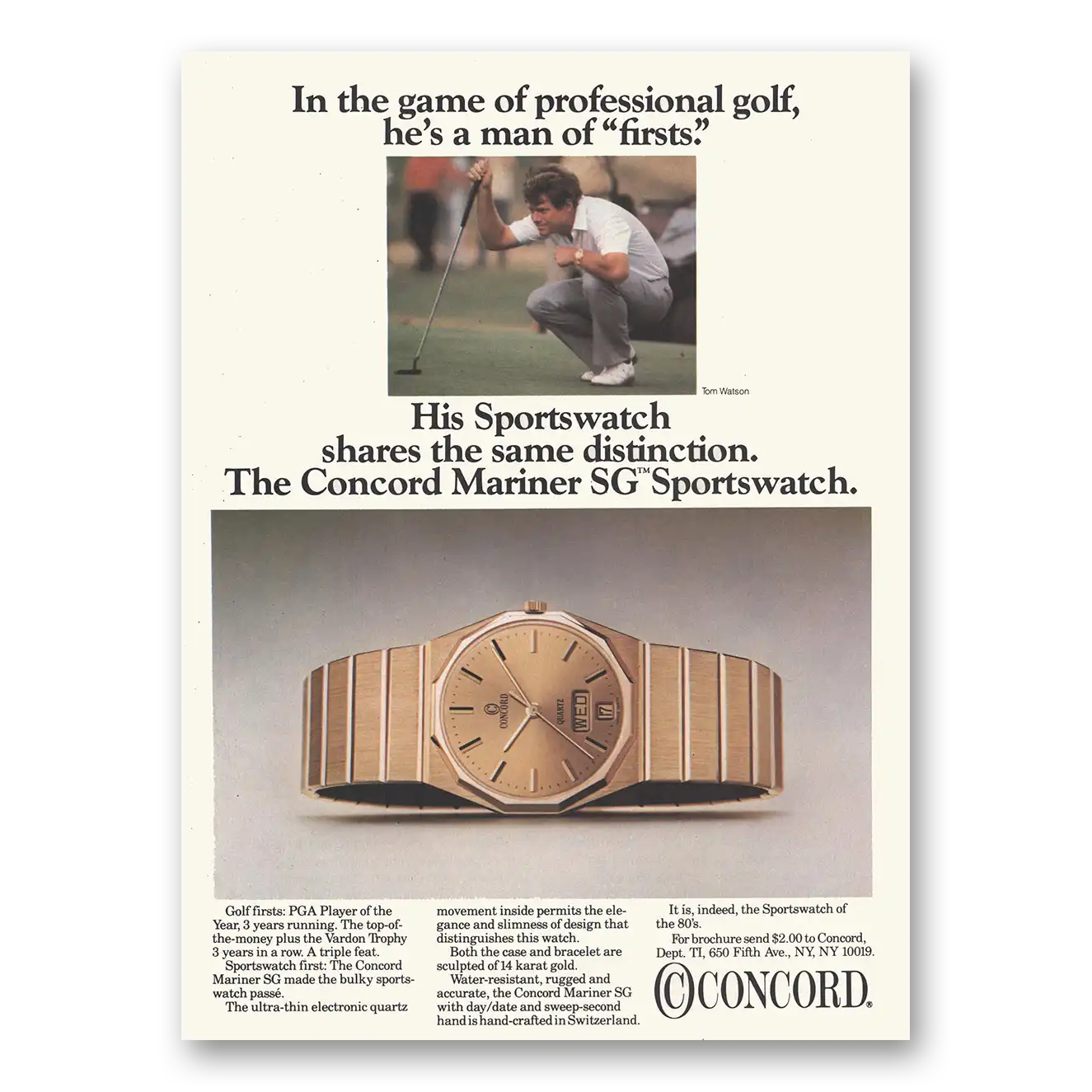 1984 Concord Watch Tom Watson Professional Golf Vintage Magazine Print Ad