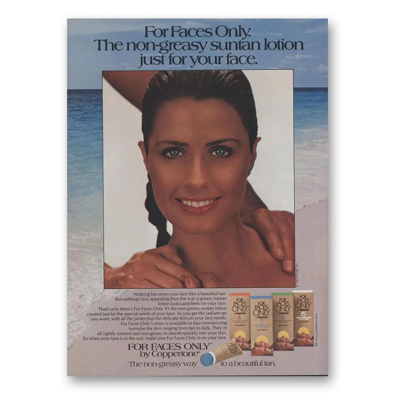 1984 Coppertone For Faces Only Non Greasy Suntan Lotion Vintage Magazine Print Ad