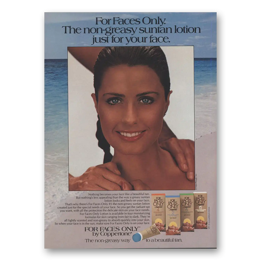 1984 Coppertone For Faces Only Non Greasy Suntan Lotion Vintage Magazine Print Ad