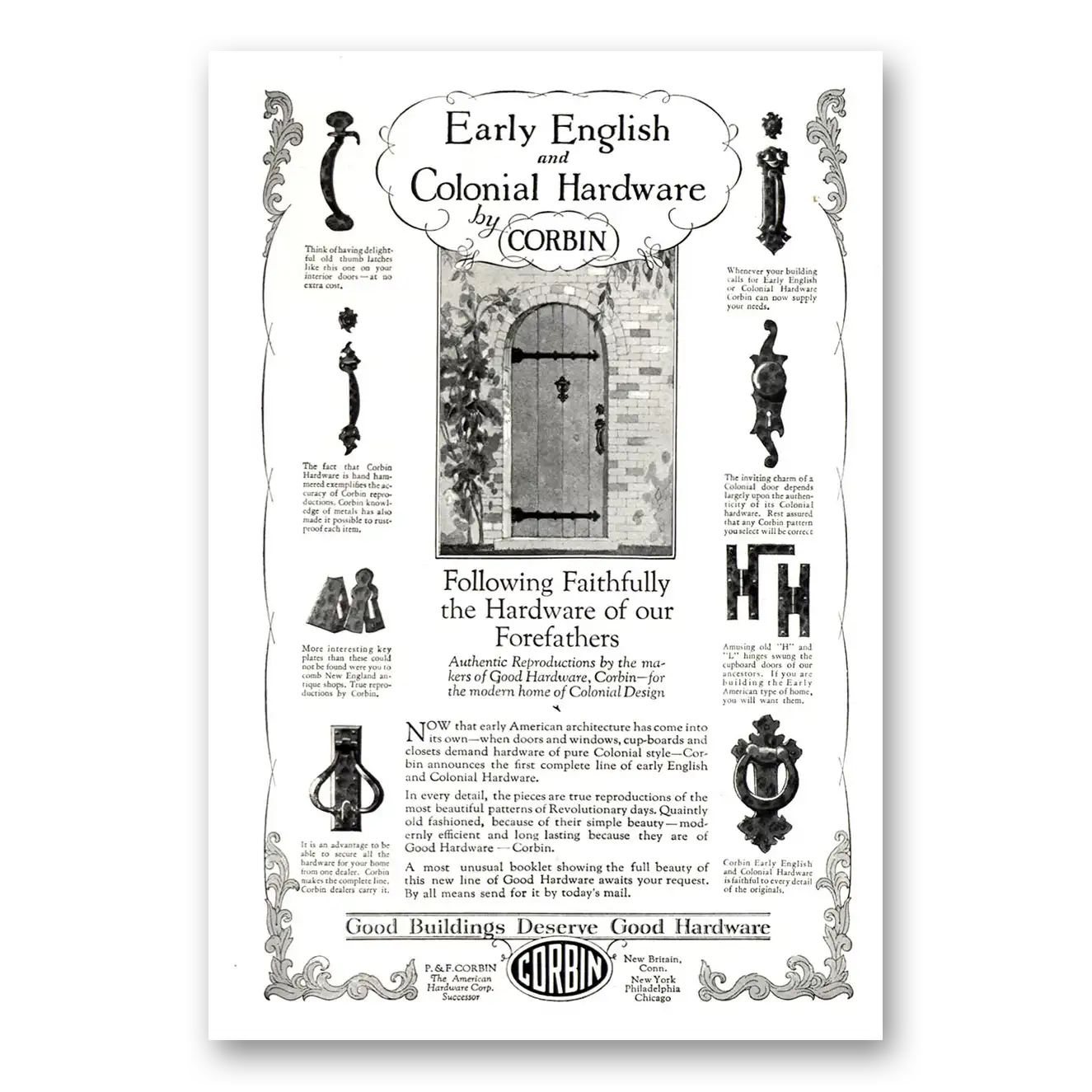 1926 P & F Corbin Early English and Colonial Hardware Vintage Magazine Print Ad