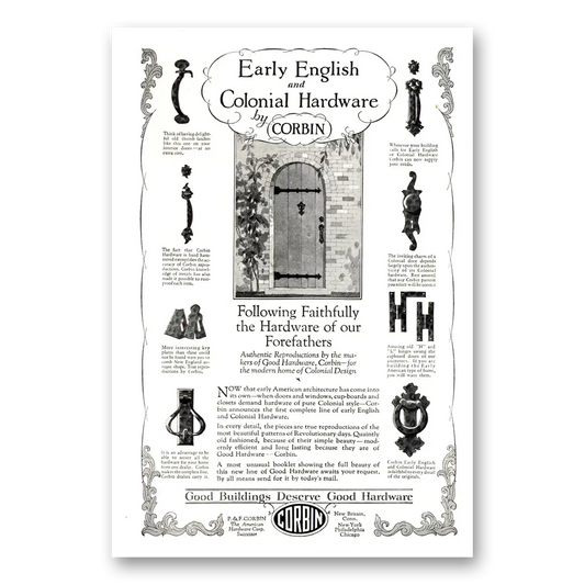 1926 P & F Corbin Early English and Colonial Hardware Vintage Magazine Print Ad