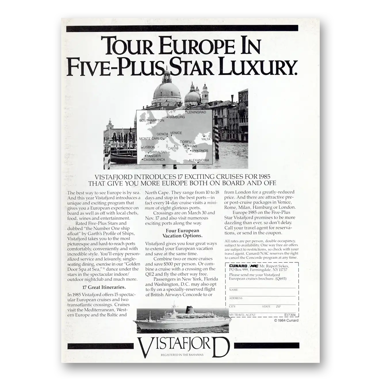 1984 Cunard Vistafjord Five Plus Star Luxury Vintage Magazine Print Ad