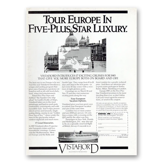 1984 Cunard Vistafjord Five Plus Star Luxury Vintage Magazine Print Ad