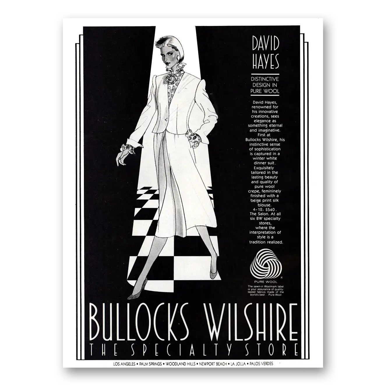 1984 Bullocks Wilshire David Hayes Distinctive Design In Pure Wool Vintage Magazine Print Ad