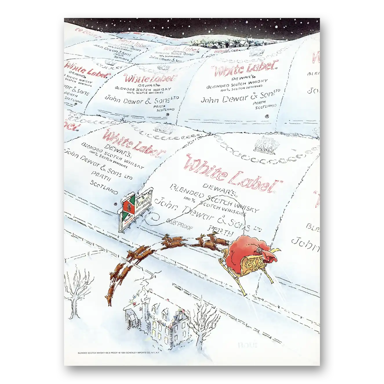 1984 Dewars White Label Santa Sleigh Vintage Magazine Print Ad