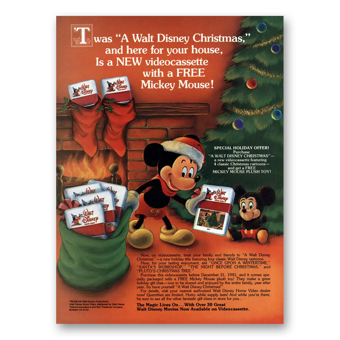 1981 Walt Disney Videocassettes Christmas Mickey Mouse Vintage Magazine Print Ad