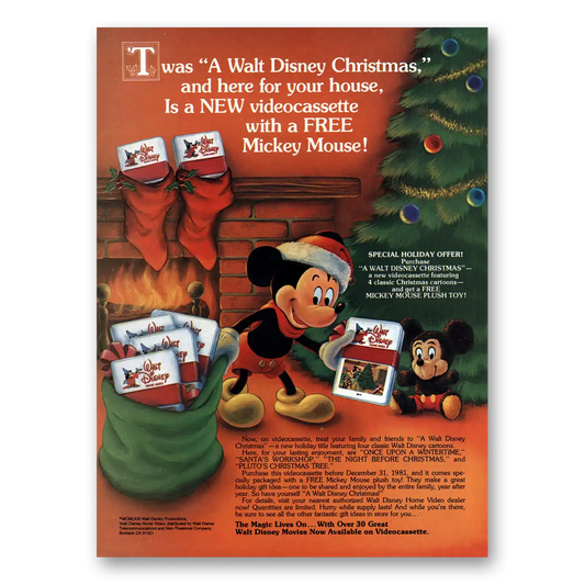 1981 Walt Disney Videocassettes Christmas Mickey Mouse Vintage Magazine Print Ad