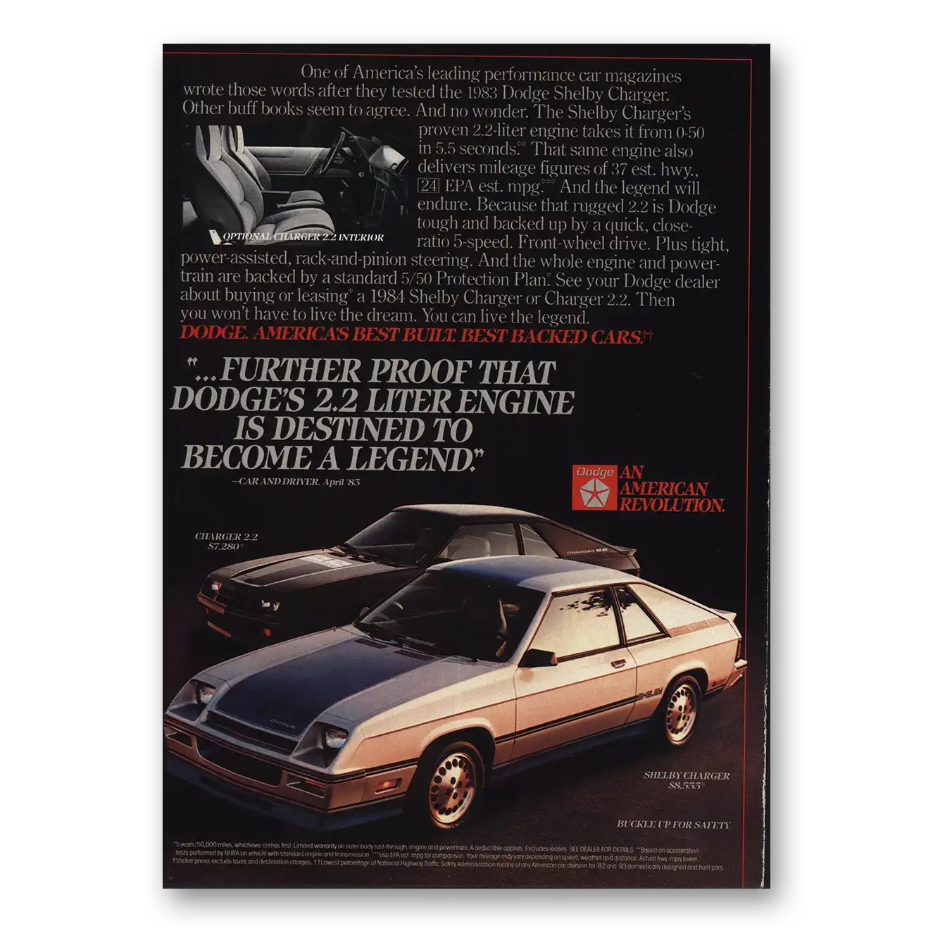 1984 Dodge Charger Destined To Become Legend Vintage Magazine Print Ad