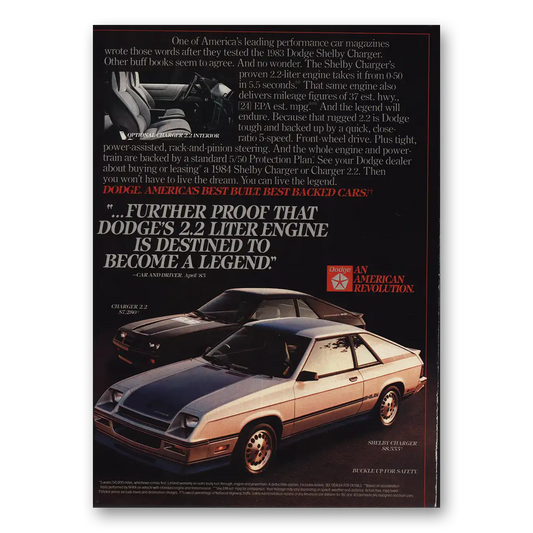 1984 Dodge Charger Destined To Become Legend Vintage Magazine Print Ad