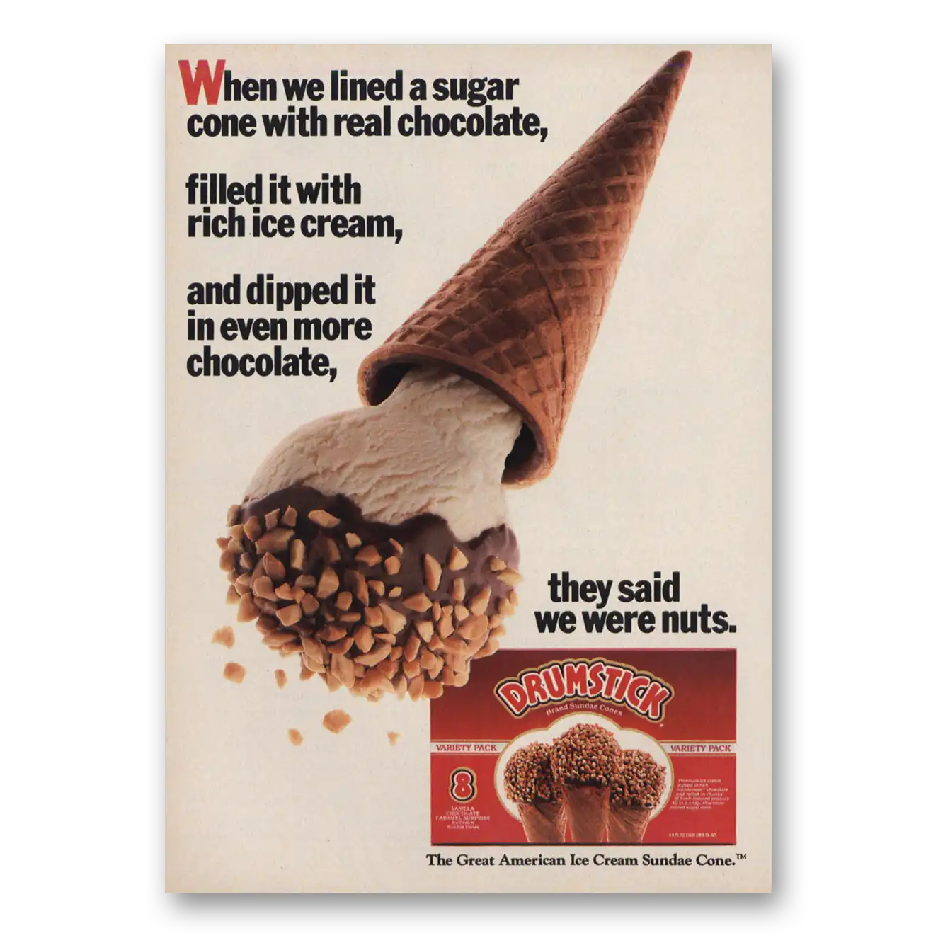 1988 Drumstick Ice Cream Lined a Sugar Cone With Real Chocolate Vintage Magazine Print Ad