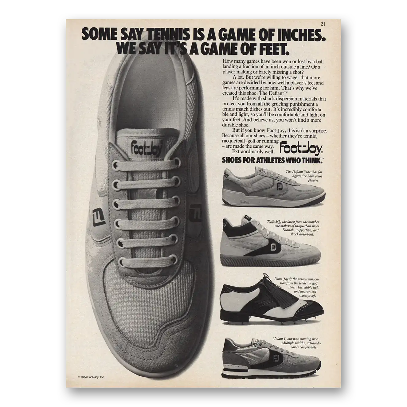 1984 Foot Joy Shoes Tennis Is Game of Inches Vintage Magazine Print Ad