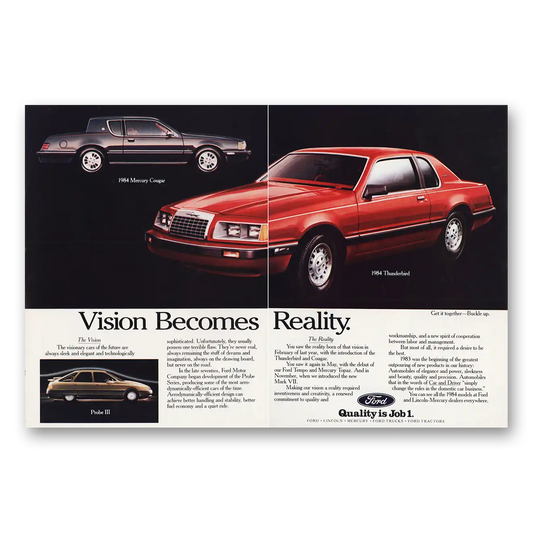 1984 Ford Thunderbird Cougar Probe Vision Becomes Reality Vintage Magazine Print Ad