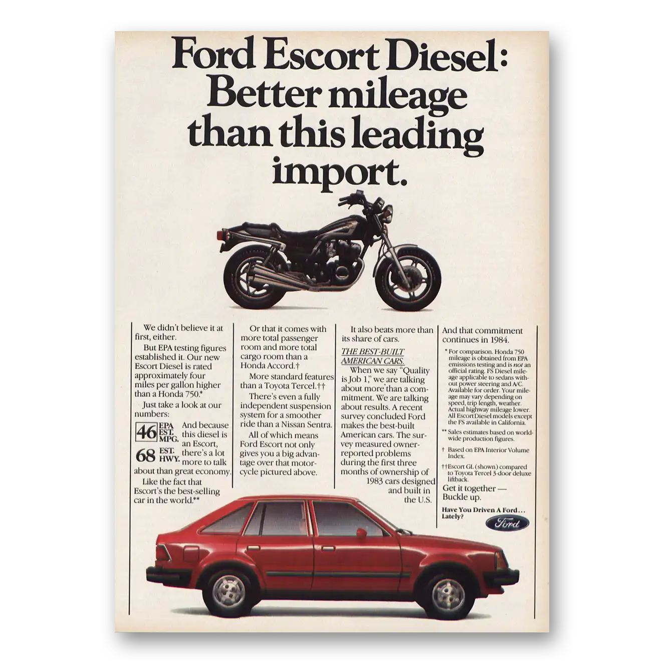 1984 Ford Escort Diesel Better Mileage Motorcycle Vintage Magazine Print Ad