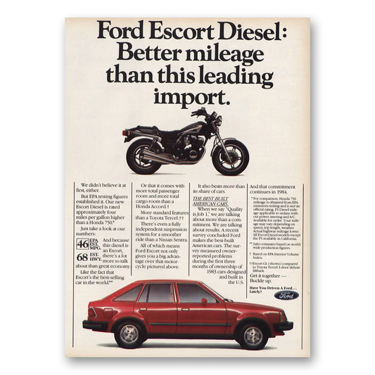 1984 Ford Escort Diesel Better Mileage Motorcycle Vintage Magazine Print Ad