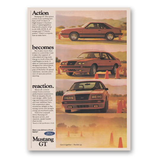 1984 Ford Mustang Action Becomes Reaction Vintage Magazine Print Ad