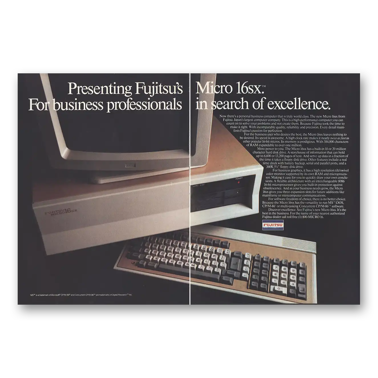 1984 Fujitsu Computers Micro 16sx In Search of Excellence Vintage Magazine Print Ad