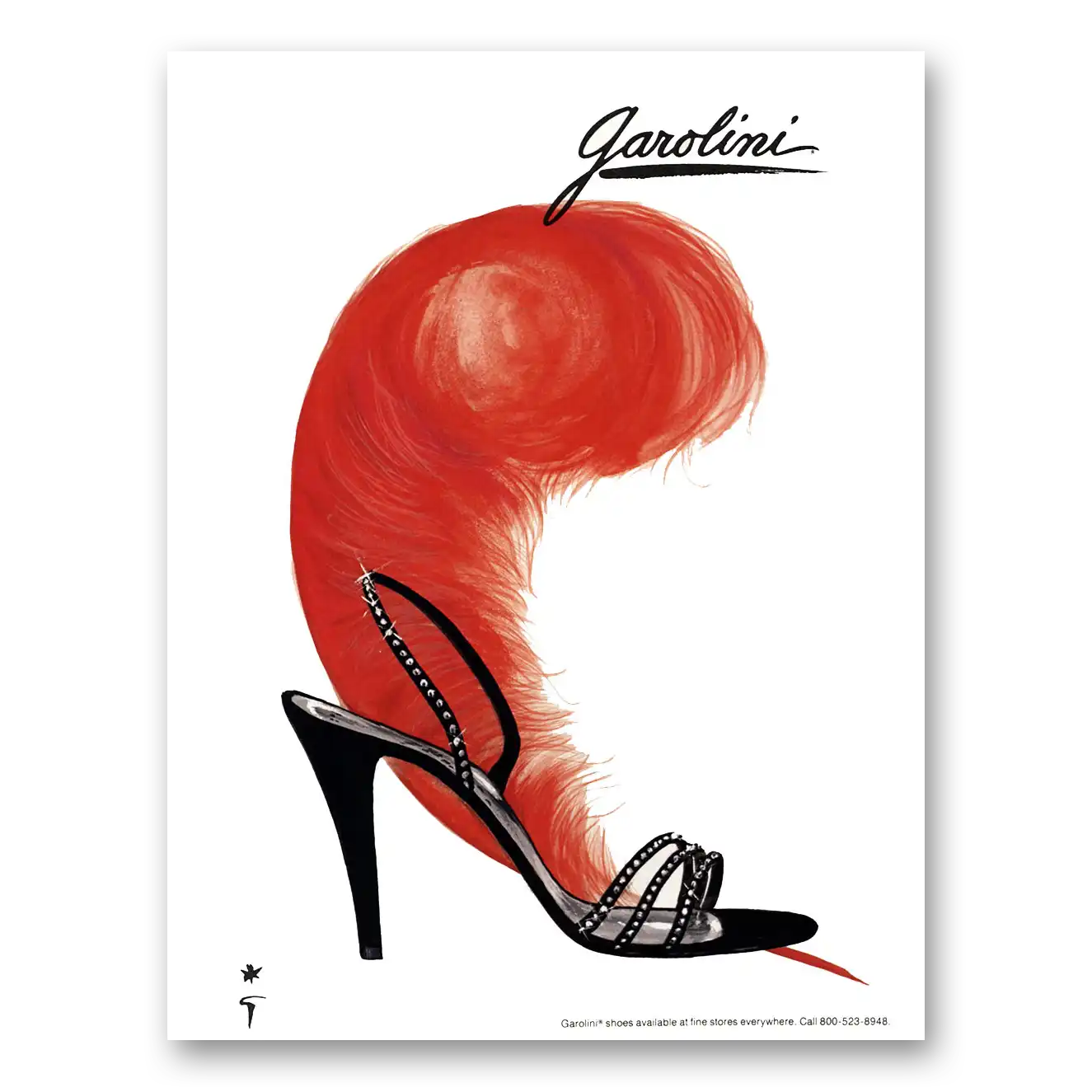 1984 Garolini Shoes Black Heels Orange Feather Vintage Magazine Print Ad