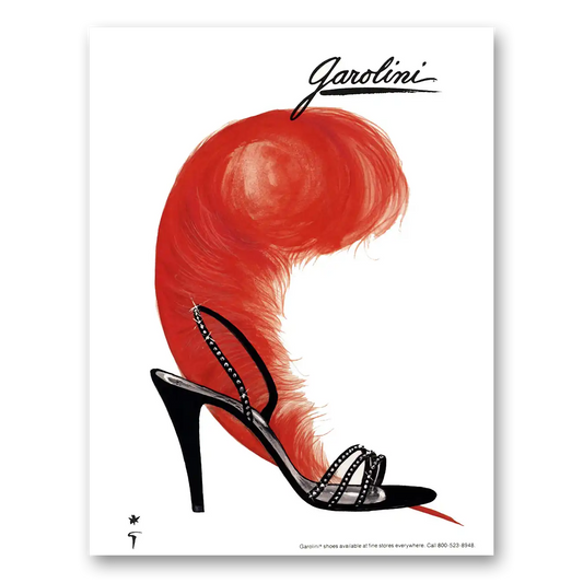 1984 Garolini Shoes Black Heels Orange Feather Vintage Magazine Print Ad