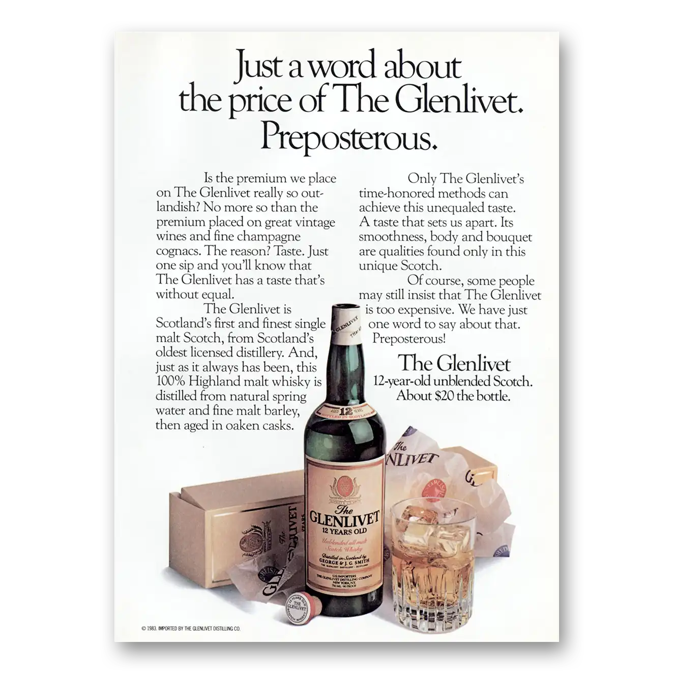 1984 Glenlivet Word About the Price Preposterous Vintage Magazine Print Ad