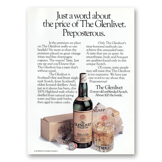 1984 Glenlivet Word About the Price Preposterous Vintage Magazine Print Ad