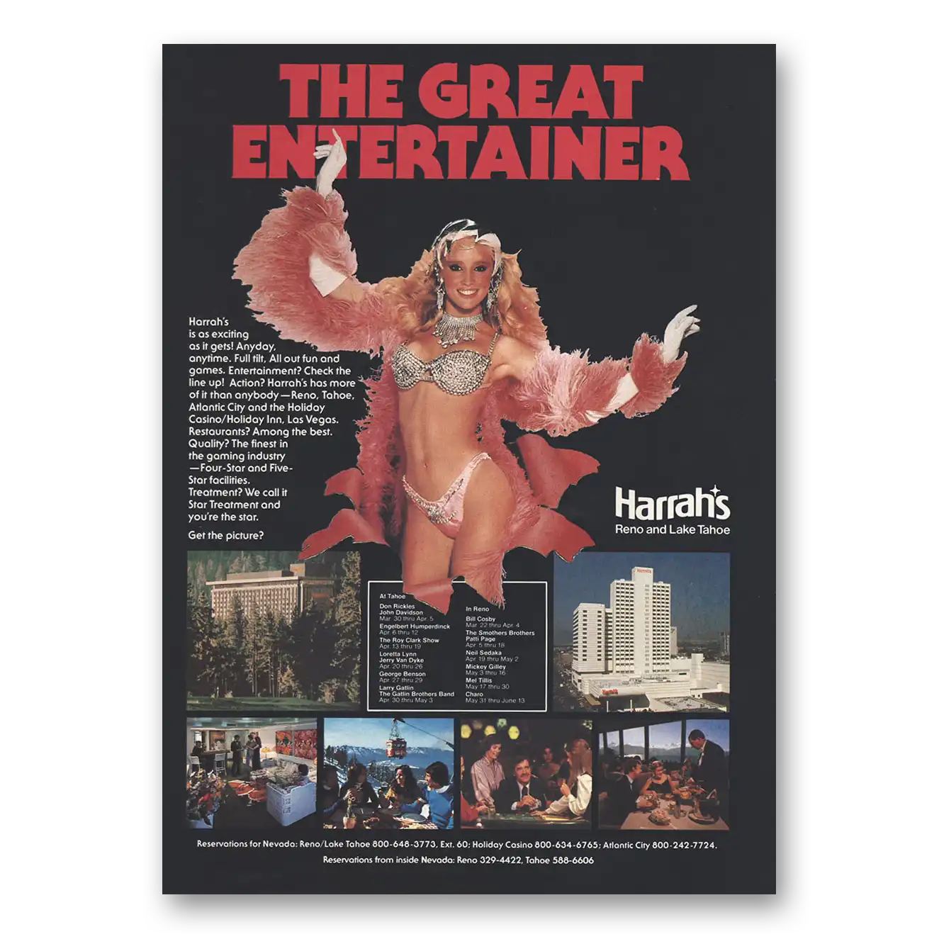 1984 Harrahs Reno and Lake Tahoe Great Entertainer Vintage Magazine Print Ad