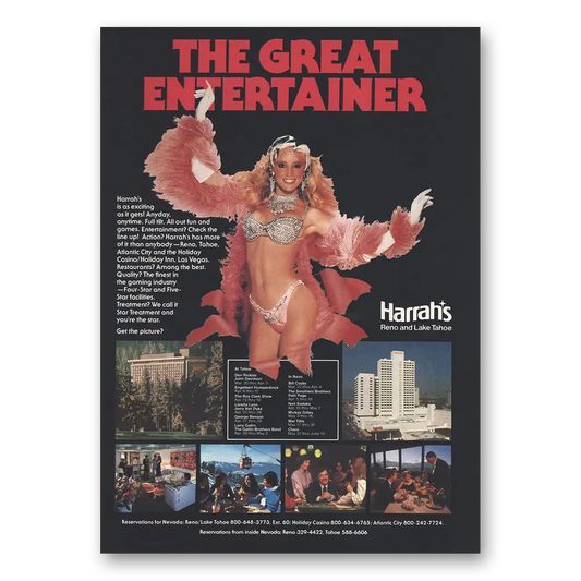 1984 Harrahs Reno and Lake Tahoe Great Entertainer Vintage Magazine Print Ad