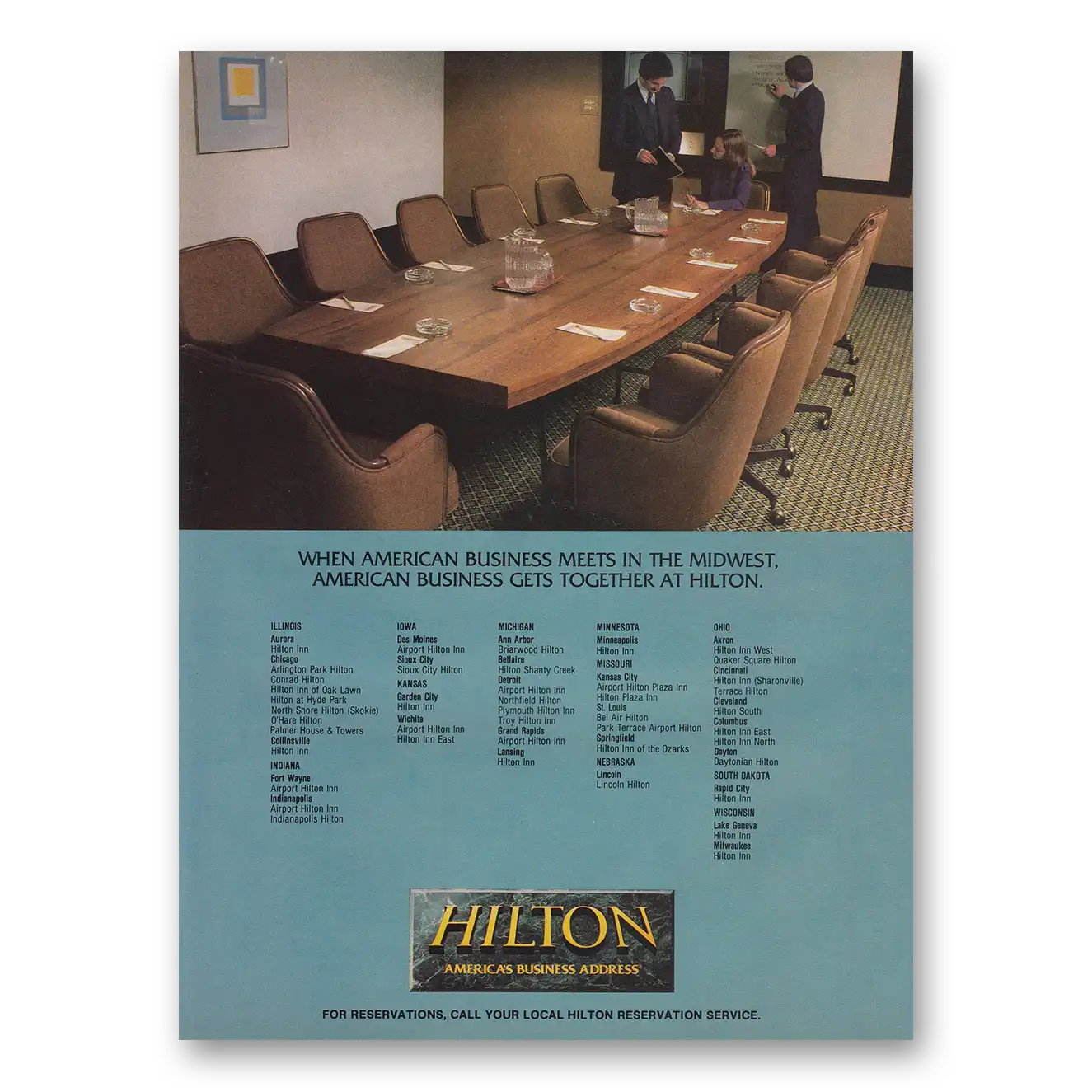 1984 Hilton Hotels Business Meets in the Midwest Vintage Magazine Print Ad