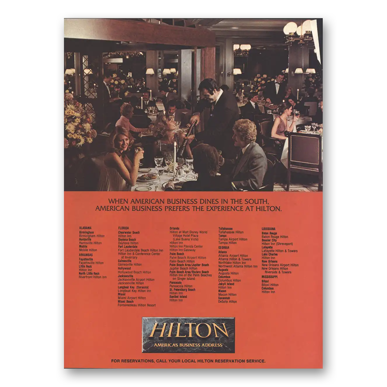 1984 Hilton Hotels Business Dines in the South Vintage Magazine Print Ad