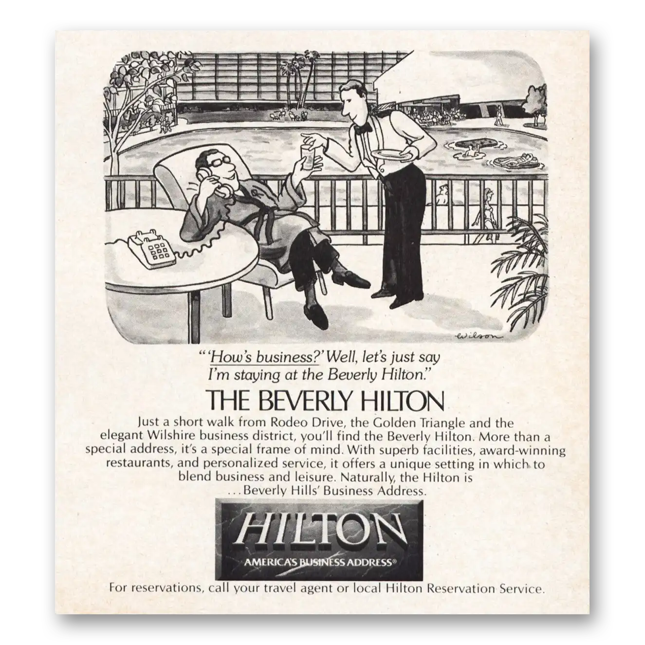 1984 Beverly Hilton Hows Business Vintage Magazine Print Ad