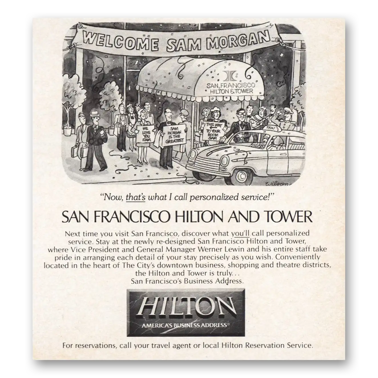 1984 San Francisco Hilton Welcome Sam Morgan Vintage Magazine Print Ad