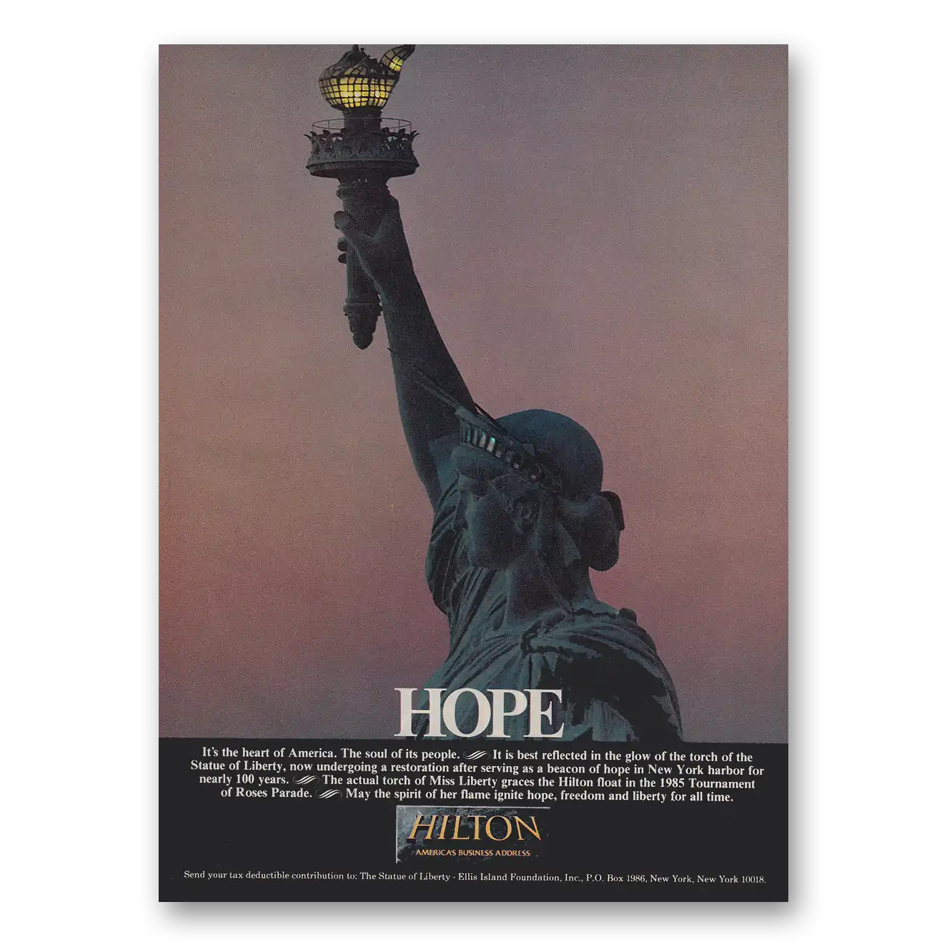 1984 Hilton Hotels Statue of Liberty Hope Vintage Magazine Print Ad