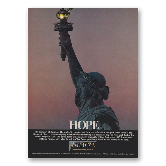 1984 Hilton Hotels Statue of Liberty Hope Vintage Magazine Print Ad