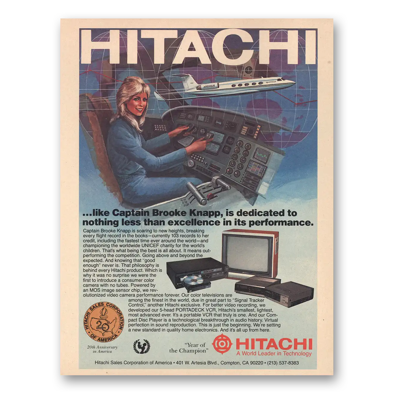 1984 Hitachi Captain Brooke Knapp Vintage Magazine Print Ad