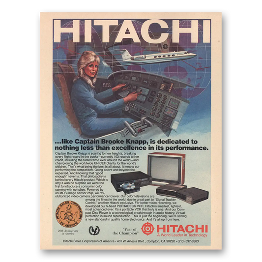 1984 Hitachi Captain Brooke Knapp Vintage Magazine Print Ad