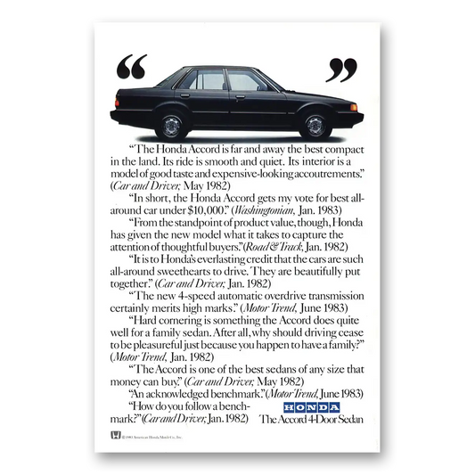 1983 Honda Accord Best Compact in the Land Vintage Magazine Print Ad