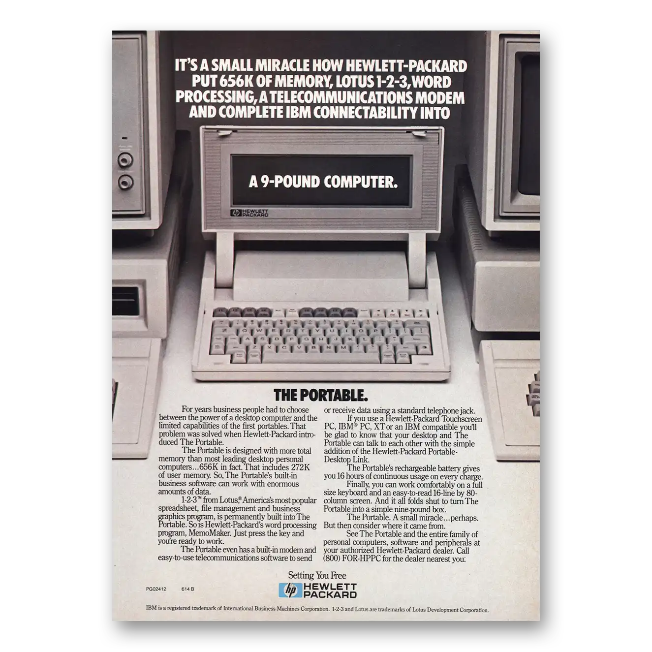 1984 Hewlett Packard Portable 9 Pound Computer Vintage Magazine Print Ad