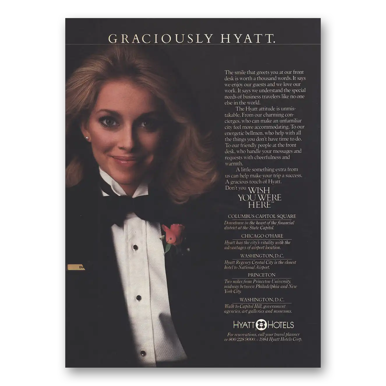 1984 Hyatt Hotels Graciously The Smile That Greets You Vintage Magazine Print Ad