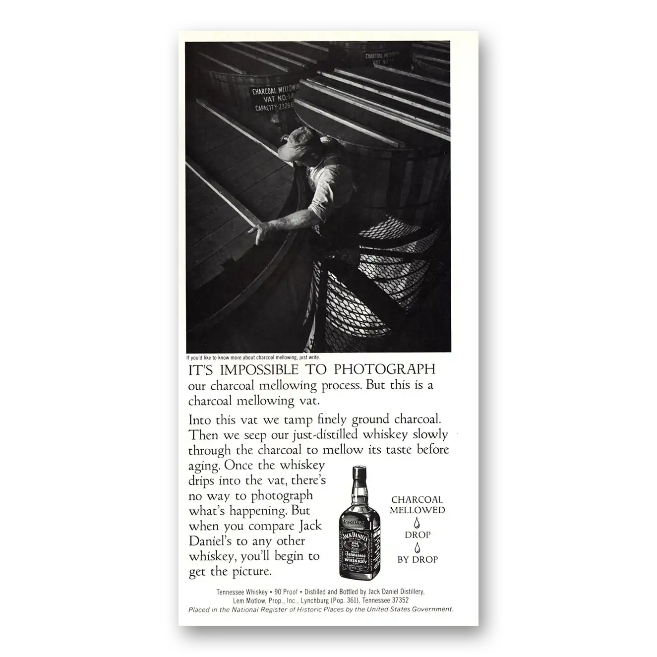 1984 Jack Daniels Impossible to Photograph Our Charcoal Mellowing Process Vintage Magazine Print Ad