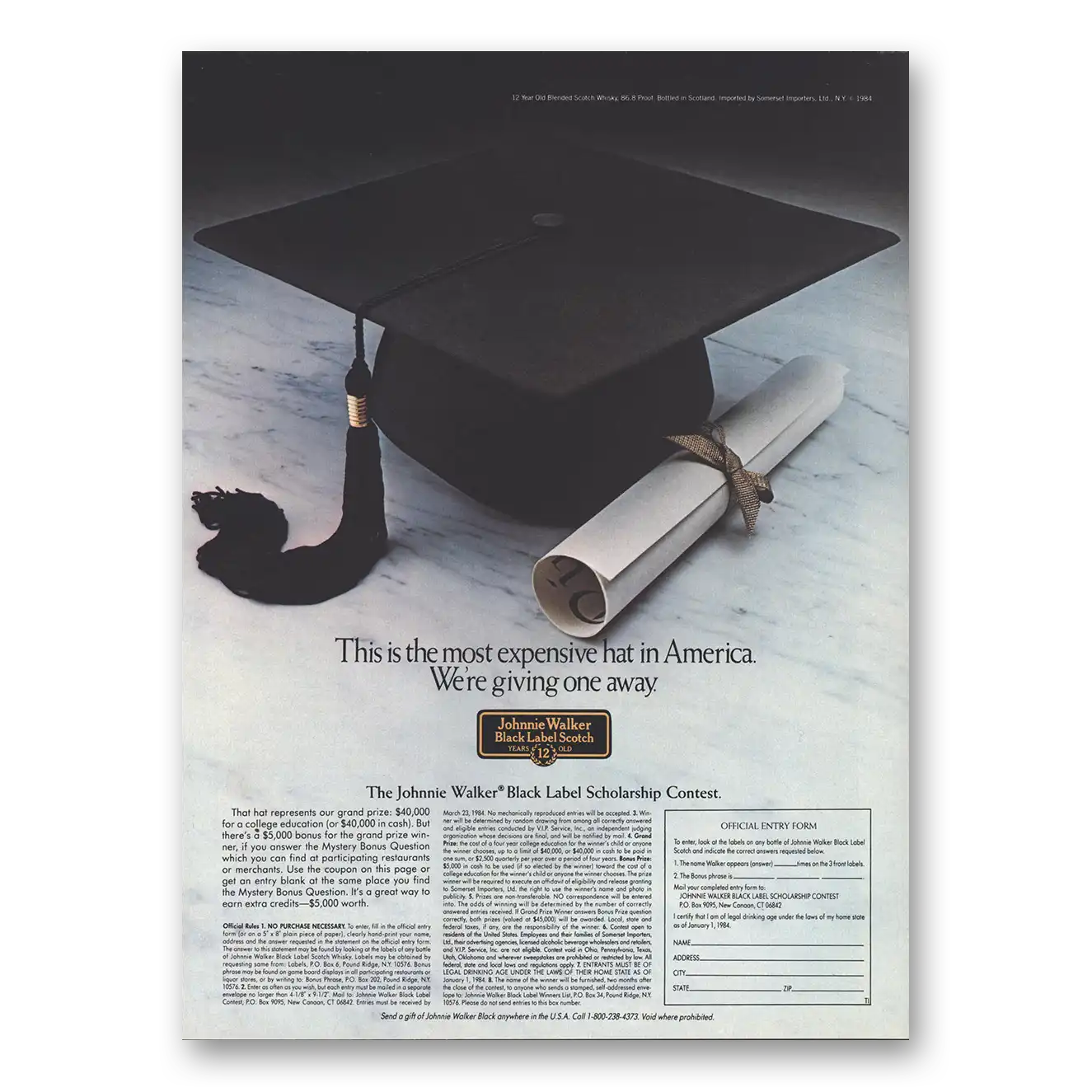 1984 Johnnie Walker Black Label Most Expensive Hat in America Vintage Magazine Print Ad