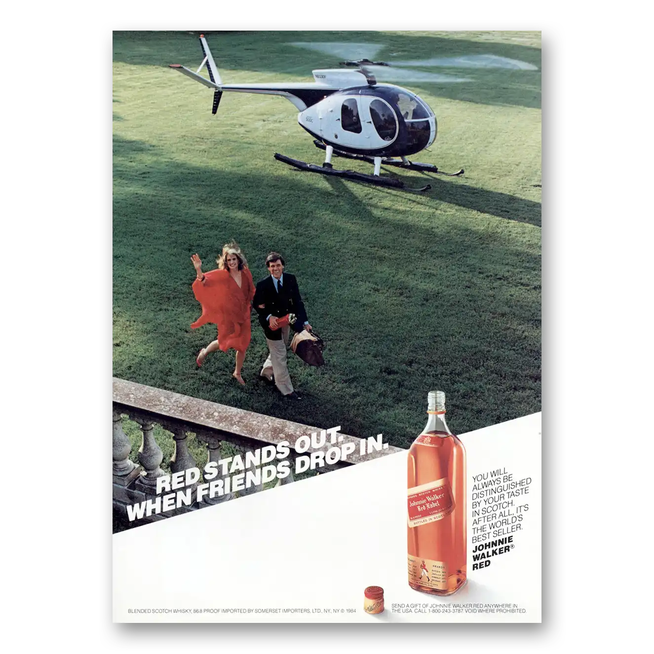 1984 Johnnie Walker Red Label When Friends Drop In Helicopter Vintage Magazine Print Ad